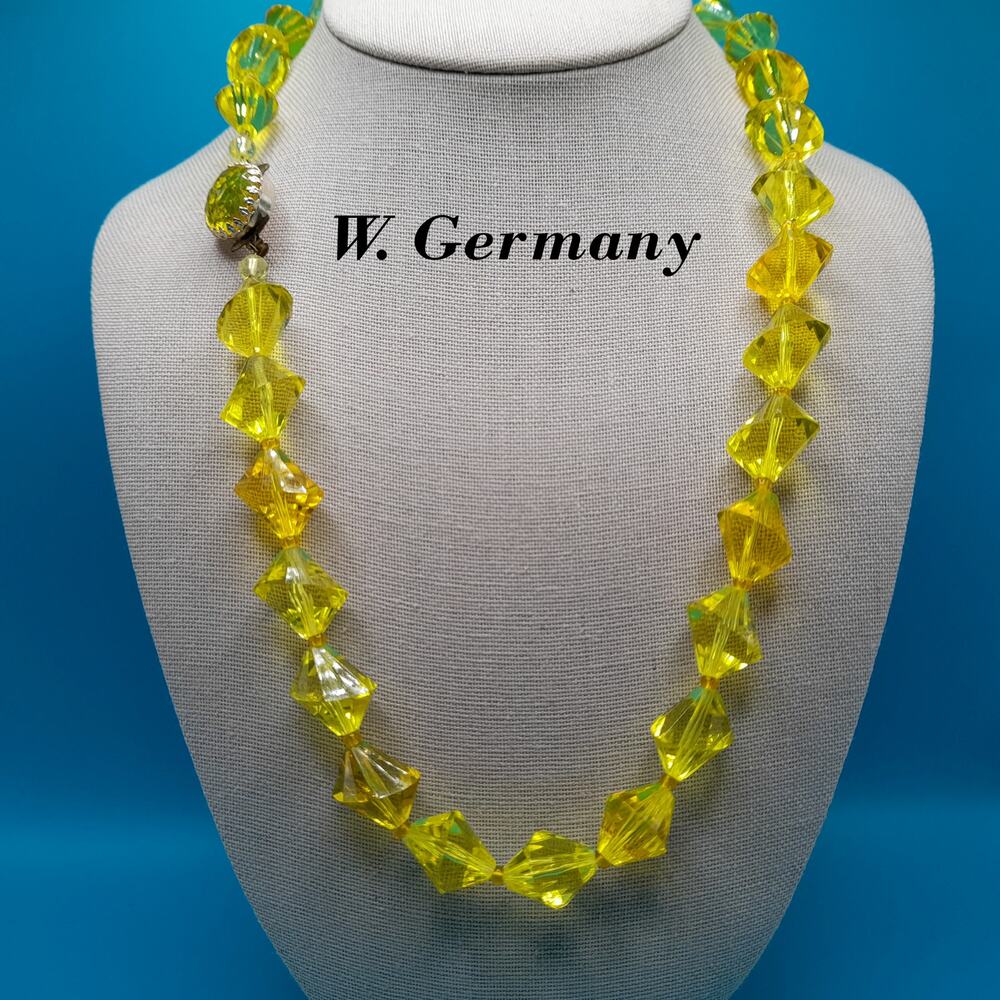 Vintage W Germany Yellow Acrylic Bead Necklace 1950s Button Clasp